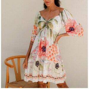 Dona Jo Floral Bohemian Dress Womens Sz M Viscose White/Multicolor